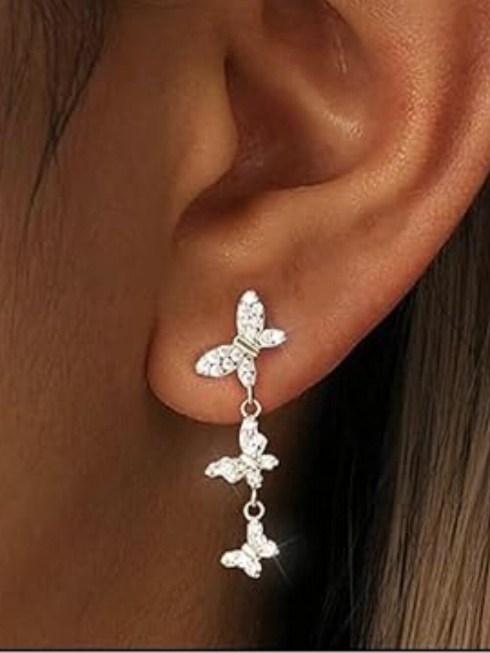 Triple Butterflies Silver Earrings Fancy Dangle Drop Statement Set